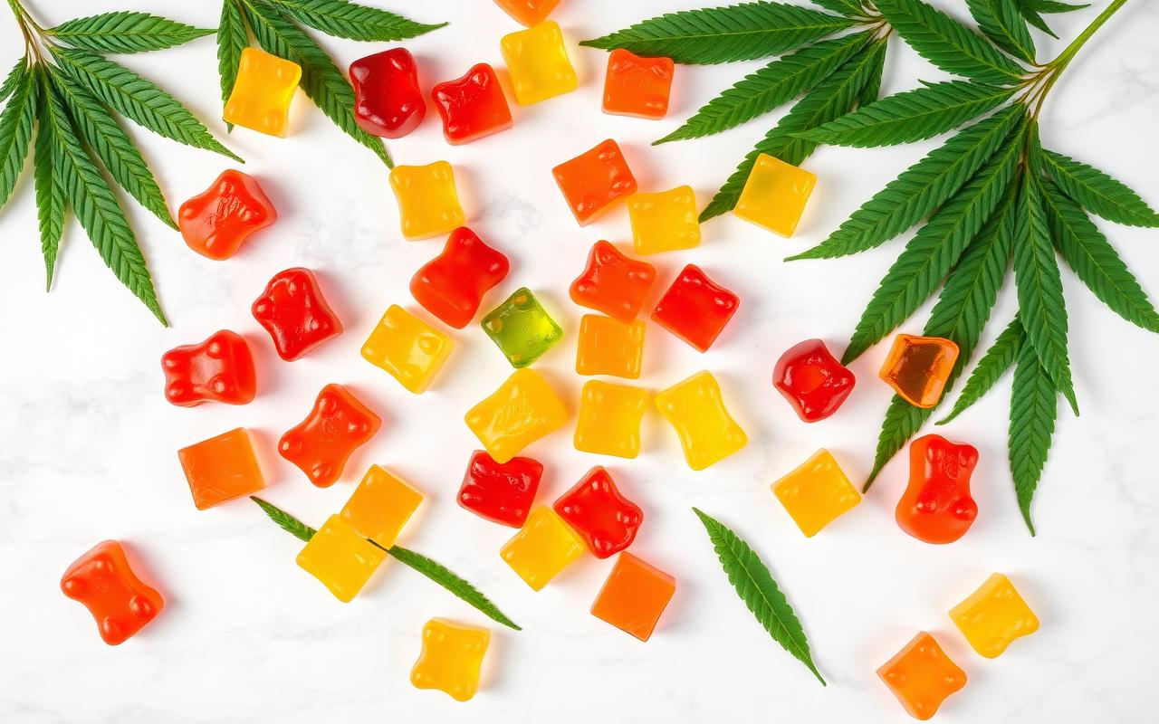 SecaFarms CBD gummies arranged with fresh hemp leaves on marble