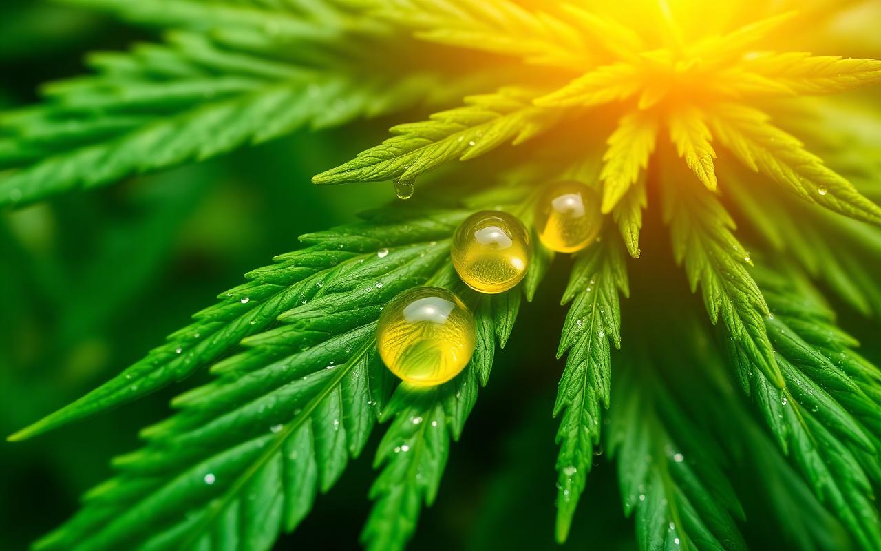 Organic hemp leaves with golden CBD oil droplets